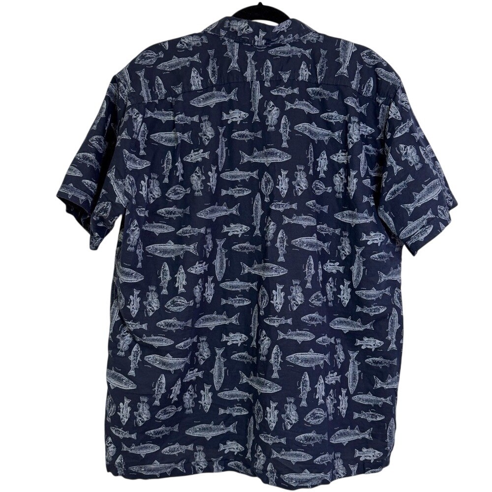 Eddie Bauer Fish Print Shirt XL Navy Linen Cotton Fishing Camp Button Up